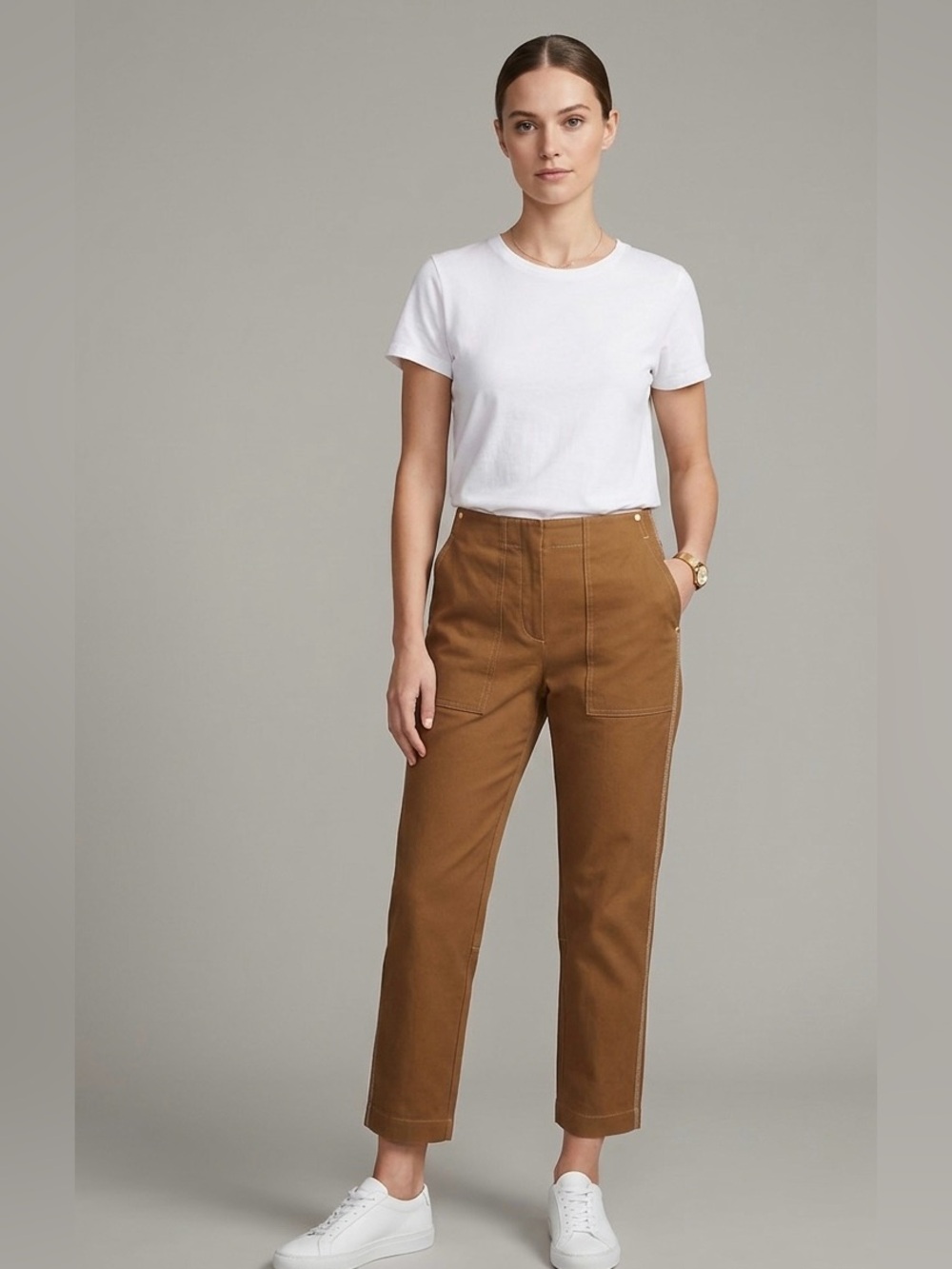 Theory Treeca Cotton Twill Pants high rise cropped utility contrast stitch